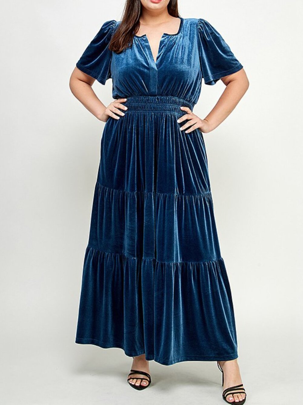 Boho Dark Teal Blue Velvet Short Sleeve Tiered A-line Maxi Dress 18